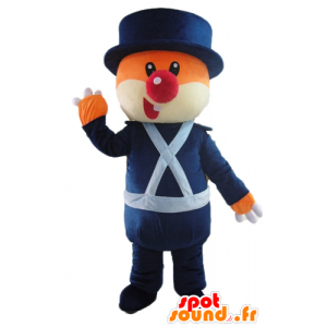 Orange og hvid bjørnemaskot, i blå uniform - Spotsound maskot