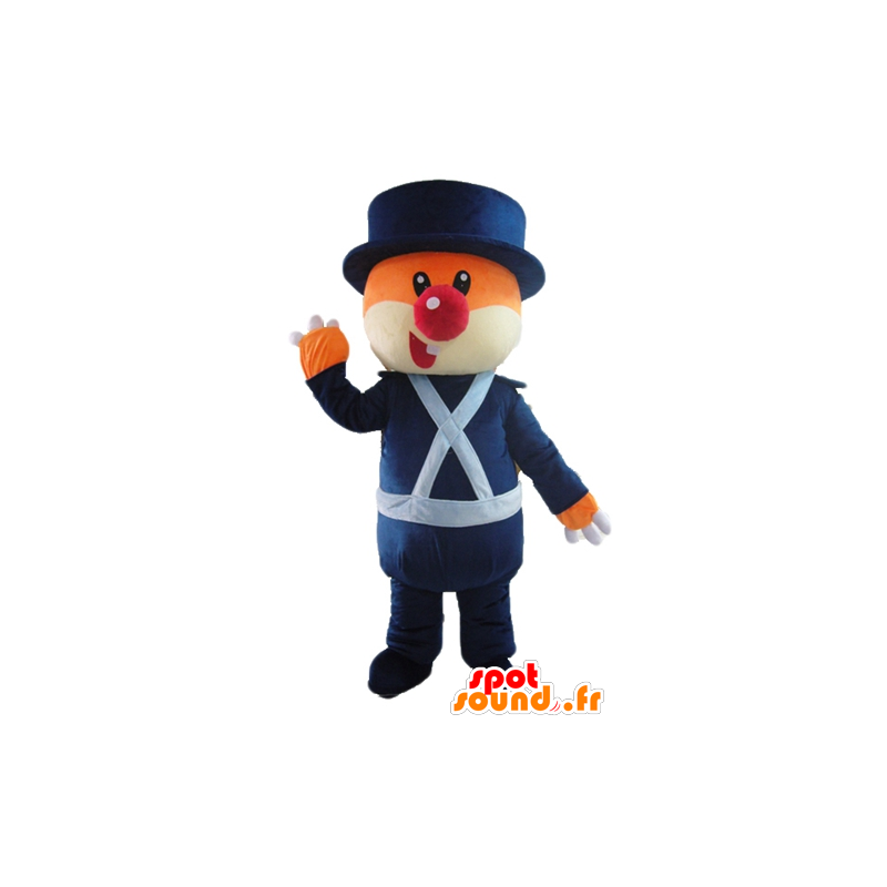 Mascotte d'ours orange et blanc, en uniforme bleu - MASFR22613 - Mascotte d'ours