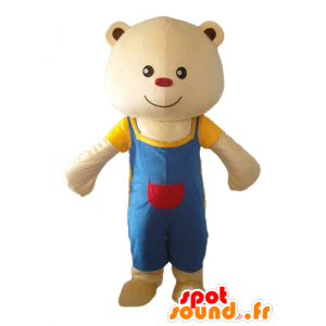 Maskot beige stor bamse med blå kjeledress - MASFR22616 - bjørn Mascot