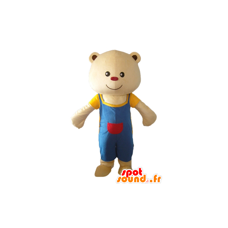 Mascot beige big teddy bear with blue overalls - MASFR22616 - Bear mascot