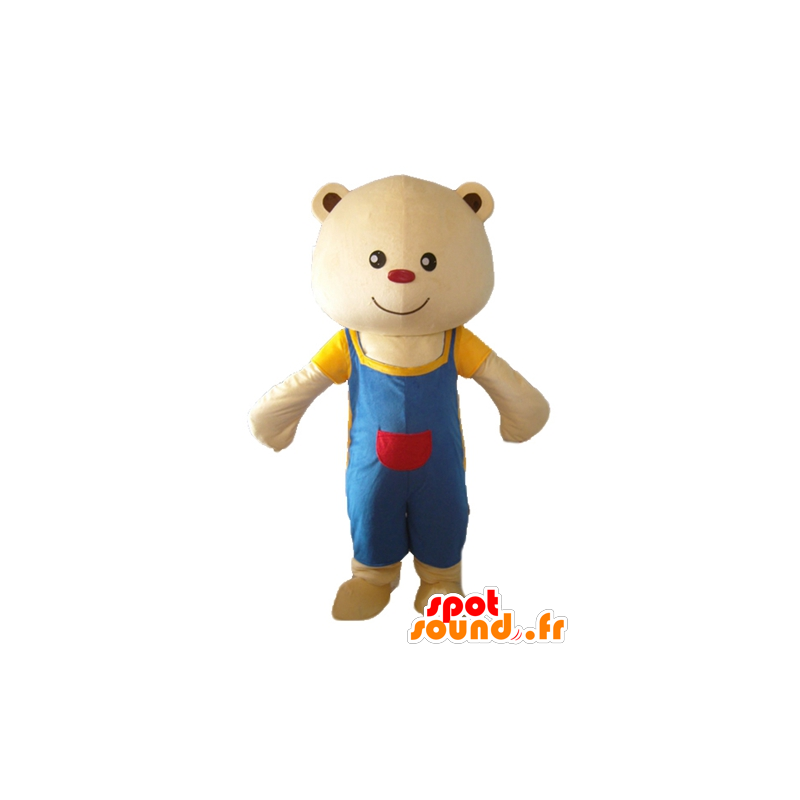 Mascotte de gros nounours beige, avec une salopette bleue - MASFR22616 - Mascotte d'ours