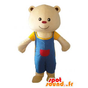 Mascotte de gros nounours beige, avec une salopette bleue - MASFR22616 - Mascotte d'ours