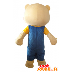 Mascot beige big teddy bear with blue overalls - MASFR22616 - Bear mascot