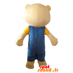 Maskot beige stor bamse med blå kjeledress - MASFR22616 - bjørn Mascot