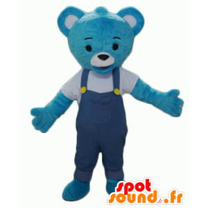 Blå bamse maskot med overall - Spotsound maskot kostume