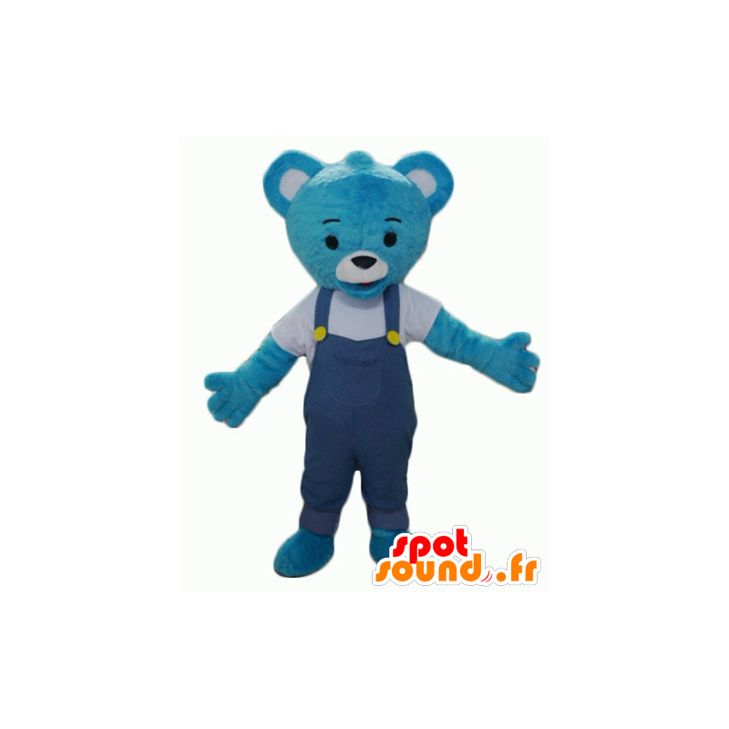 Blå nallebjörnmaskot med overaller - Spotsound maskot