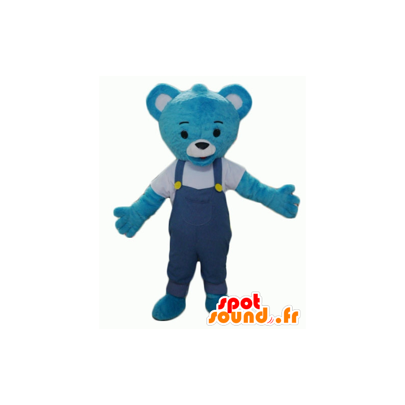 Teddy mascot in blue plush, with overalls - MASFR22617 - Bear mascot