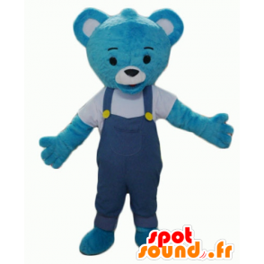 Blå bamse maskot med overall - Spotsound maskot kostume