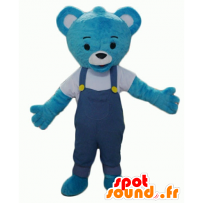 青いテディベアのマスコット、オーバーオール付き-MASFR22617-クマのマスコット