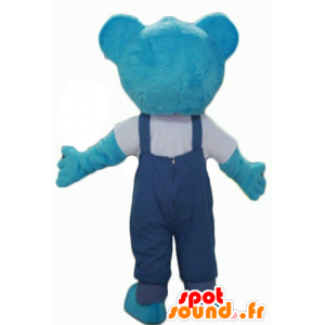 Mascotte de nounours en peluche bleu, avec une salopette - MASFR22617 - Mascotte d'ours