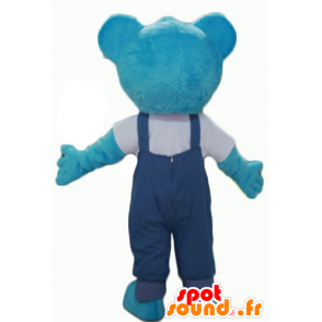 Blå bamse maskot med overall - Spotsound maskot kostume