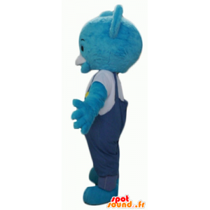 Teddy mascot in blue plush, with overalls - MASFR22617 - Bear mascot