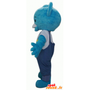 Blå nallebjörnmaskot med overaller - Spotsound maskot