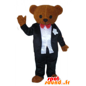 Brun teddy maskot, klædt i sort og hvidt kostume - Spotsound