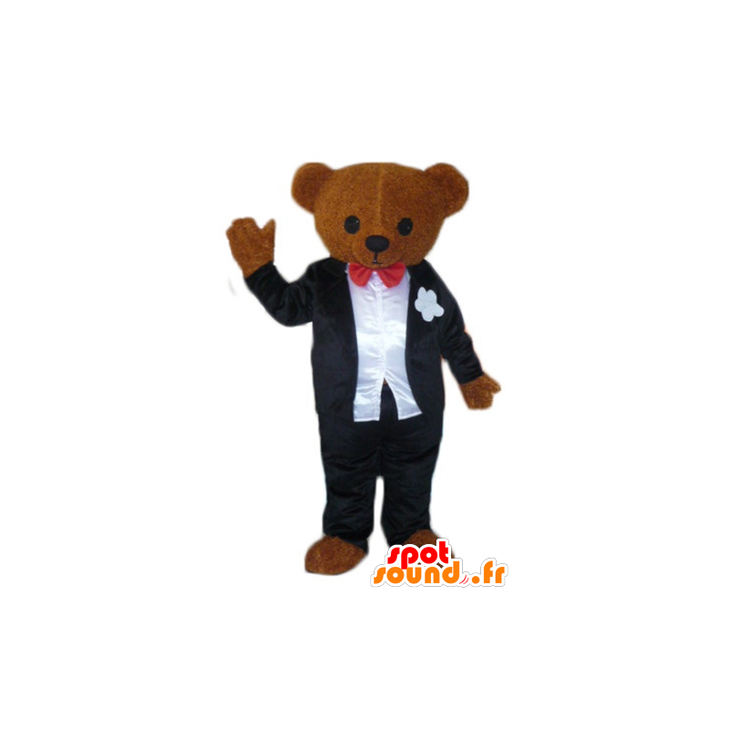 Brown teddy mascot, dressed in a black and white suit - MASFR22620 - Bear mascot