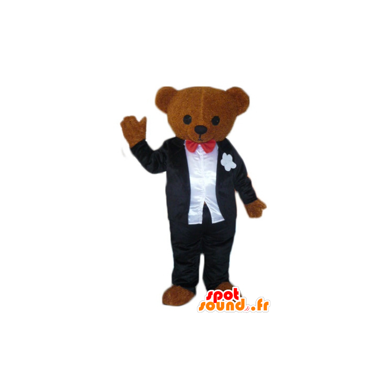 Hnědý plyšový maskot, oblečený v černém a bílém obleku - MASFR22620 - Bear Mascot