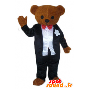 Brun teddy maskot, kledd i en svart og hvit drakt - MASFR22620 - bjørn Mascot