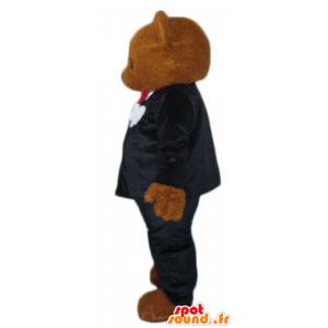 Bruine teddy mascotte, gekleed in een zwart-wit pak - MASFR22620 - Bear Mascot