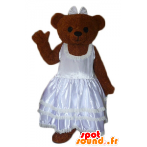 Brun teddy maskot, kledd i en brudekjole - MASFR22621 - bjørn Mascot