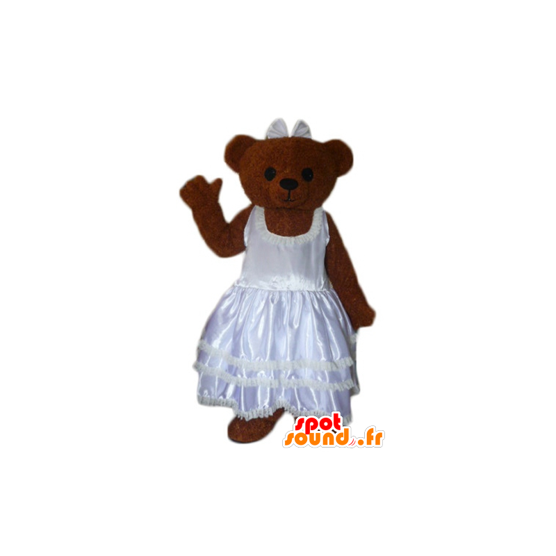 Brun teddy maskot, kledd i en brudekjole - MASFR22621 - bjørn Mascot