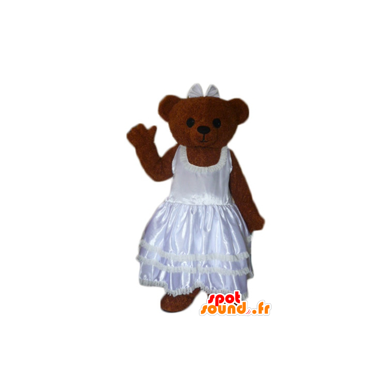 Peluche marrom mascote, vestida com um vestido de noiva - MASFR22621 - mascote do urso