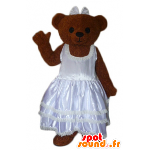 Peluche marrom mascote, vestida com um vestido de noiva - MASFR22621 - mascote do urso