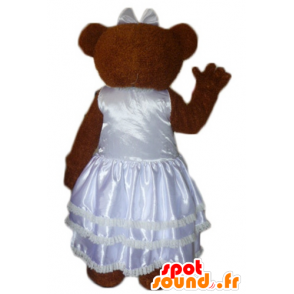 Brown teddy mascot, dressed in a wedding gown - MASFR22621 - Bear mascot