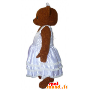 Brown teddy mascot, dressed in a wedding gown - MASFR22621 - Bear mascot