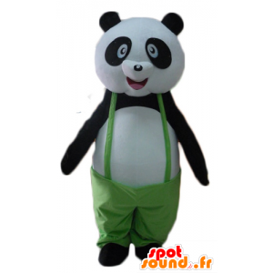 Maskotka panda czarno-białe z zielonym kombinezonie