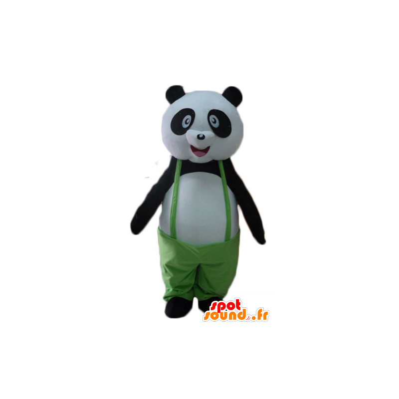 La mascota de la panda blanco y negro, con un mono verde - MASFR22625 - Mascota de los pandas