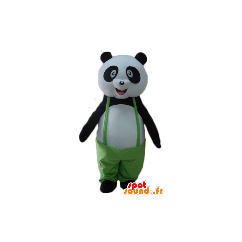 Mascot svart og hvit panda med grønne kjeledresser - MASFR22625 - Mascot pandaer
