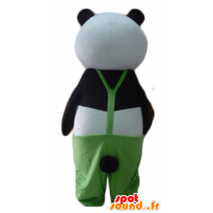 黒と白のパンダのマスコット、緑のオーバーオール付き-MASFR22625-パンダのマスコット