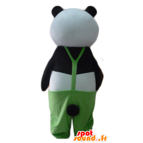 Mascot svart og hvit panda med grønne kjeledresser - MASFR22625 - Mascot pandaer