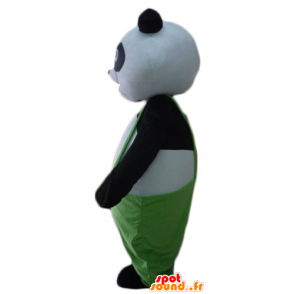 黒と白のパンダのマスコット、緑のオーバーオール付き-MASFR22625-パンダのマスコット