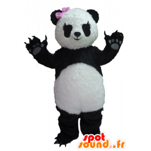 Mascot panda blanco y negro, con un lazo rosa - MASFR22627 - Mascota de los pandas