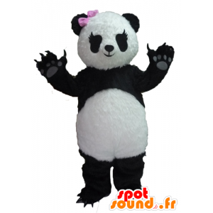 Maskot černobílé panda s růžovou mašlí