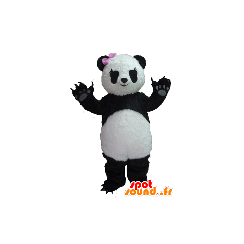 Mascot panda blanco y negro, con un lazo rosa - MASFR22627 - Mascota de los pandas