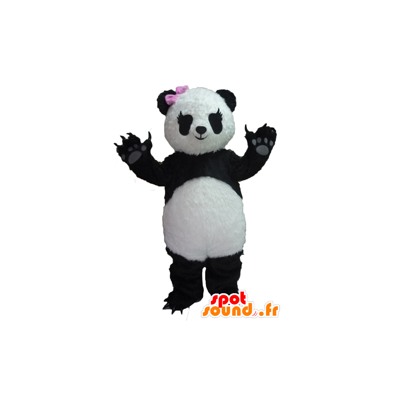 ピンクの弓が付いた黒と白のパンダのマスコット-MASFR22627-パンダのマスコット