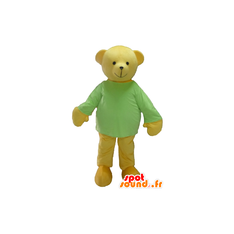 Mascotte de nounours en peluche jaune, avec un t-shirt vert - MASFR22628 - Mascotte d'ours