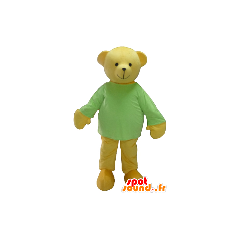 黄色のテディベアのマスコット、緑のTシャツ付き-MASFR22628-クマのマスコット