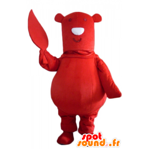 Mascot grande urso vermelho, com uma folha na mão - MASFR22630 - mascote do urso