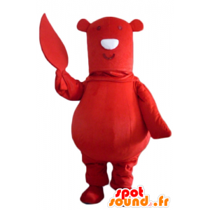 Mascotte de gros ours rouge, avec une feuille dans la main - MASFR22630 - Mascotte d'ours