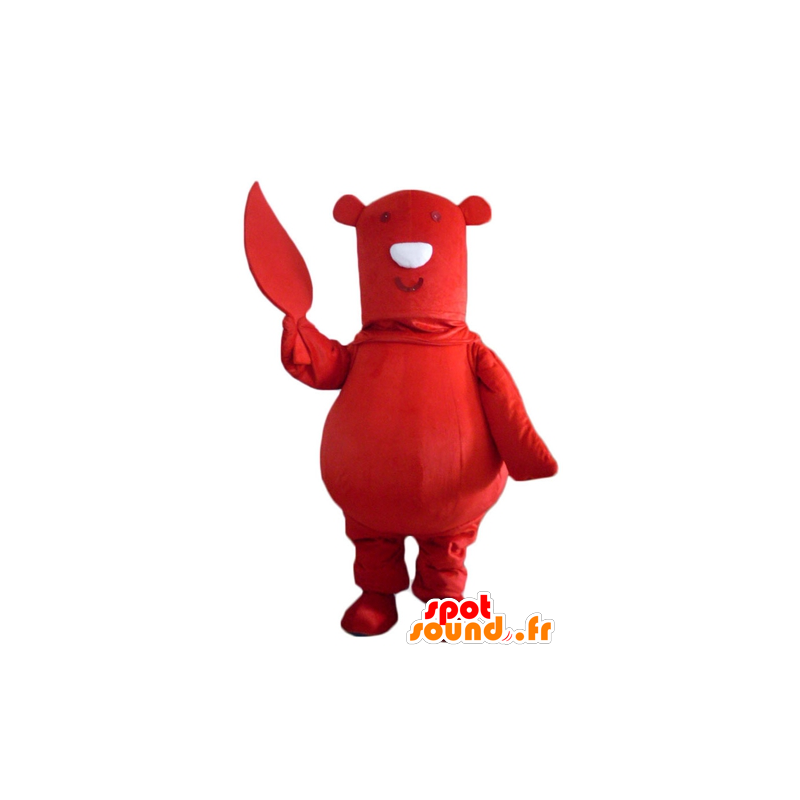 Mascot big red bear, with a leaf in hand - MASFR22630 - Bear mascot