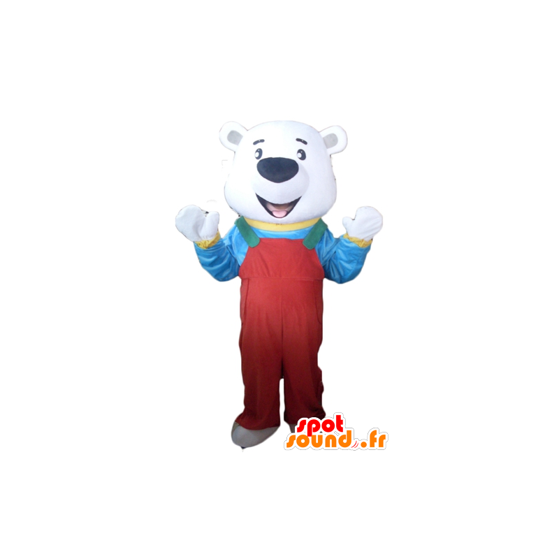 Isbjørn Mascot med røde kjeledresser og en t-skjorte - MASFR22633 - bjørn Mascot