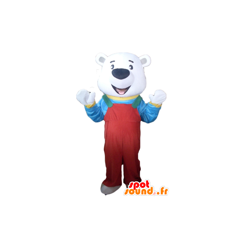 Polar Bear Mascot with red overalls and a t-shirt - MASFR22633 - Bear mascot