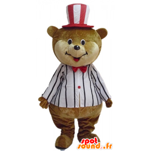 Mascotte de gros nounours marron et beige, en tenue de cirque - MASFR22636 - Mascotte d'ours