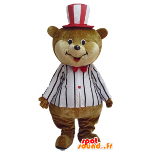 Mascote grande urso de pelúcia, roupa de circo marrom e bege - MASFR22636 - mascote do urso