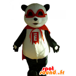 Preto e branco mascote panda com uma máscara e uma capa vermelha - MASFR22637 - pandas mascote