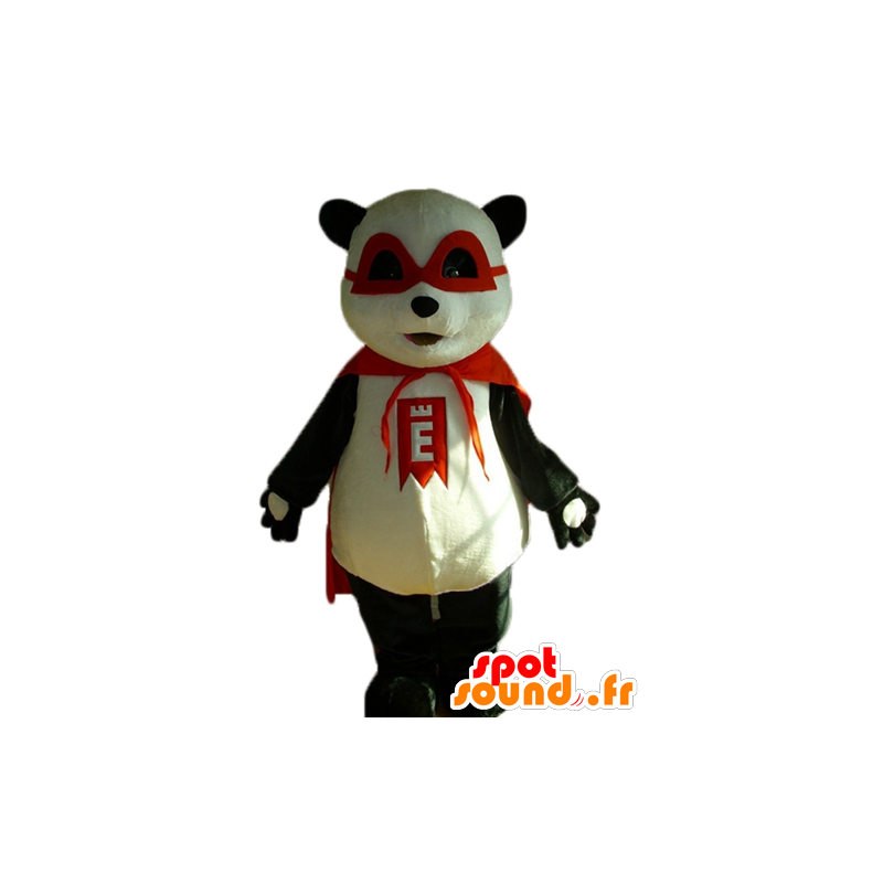Svart og hvit panda maskot med en maske og en rød kappe - MASFR22637 - Mascot pandaer