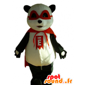 Svart og hvit panda maskot med en maske og en rød kappe - MASFR22637 - Mascot pandaer